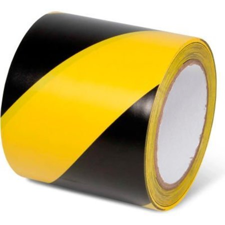 TOP TAPE AND  LABEL. Global Industrial Striped Hazard Warning Tape, 4inW x 108'L, 5 Mil, Black/Yellow, 1 Roll 670653YB